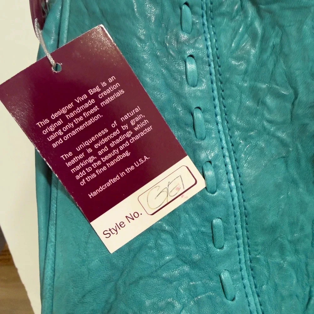 Viva of California Teal Leather Boho Fringe Feather Tote Bag Handcrafted USA NWT